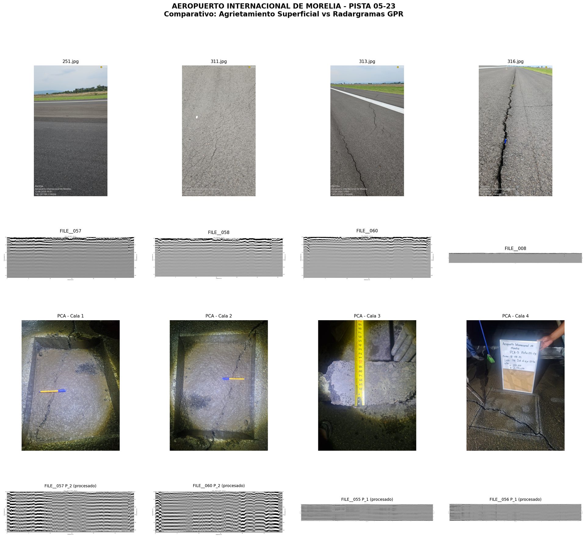 Comparative mosaic: surface photos, GPR radargrams, verification cores on airport runway